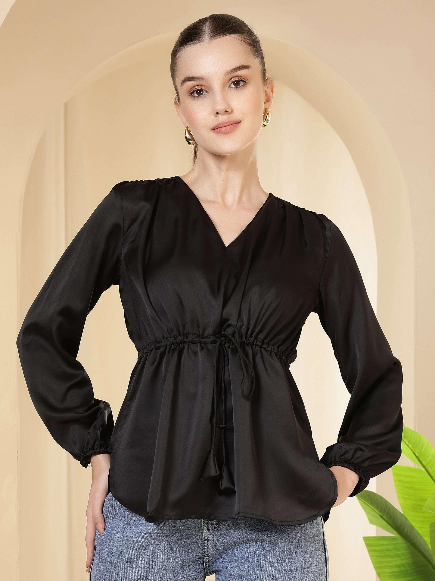 Women V-Neck Tie-Up Waist Wrap Style Top with Bishop Sleeves - Fithub Fashion