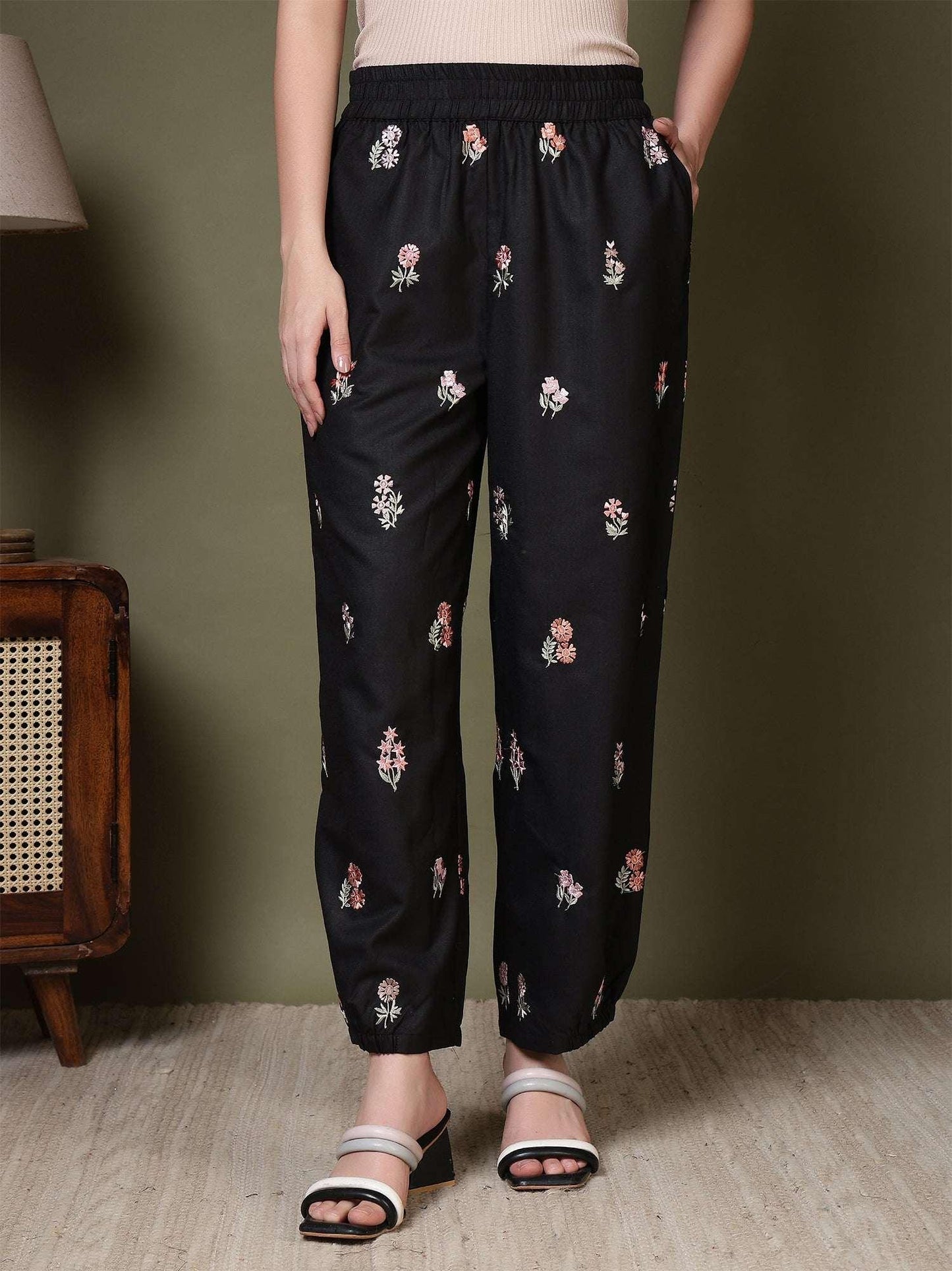 Women’s Embroidered Relaxed Fit Elasticated Waist Casual Trouser - Fithub Fashion