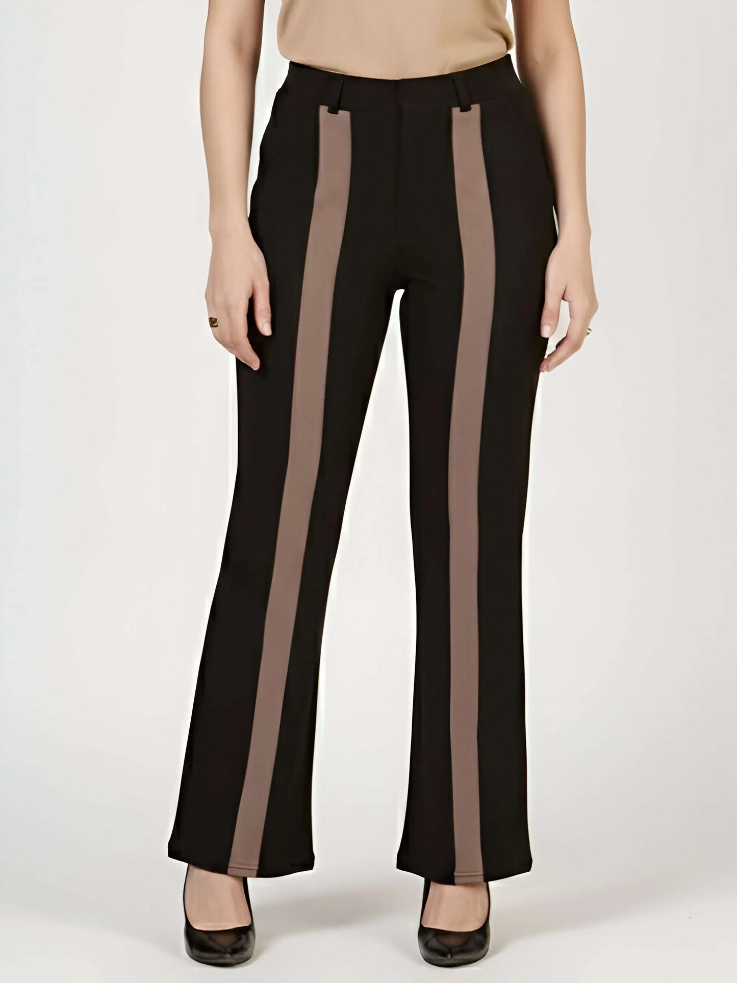 Women High-Rise Vertical Panel Flared Trousers - Fithub Fashion