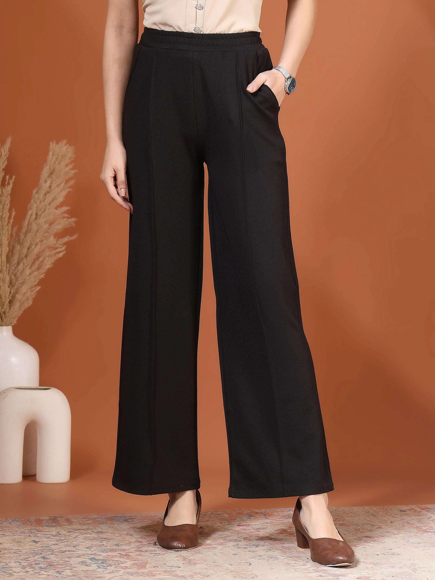 Women Straight Leg Elasticated Waist Formal Trousers - Fithub Fashion