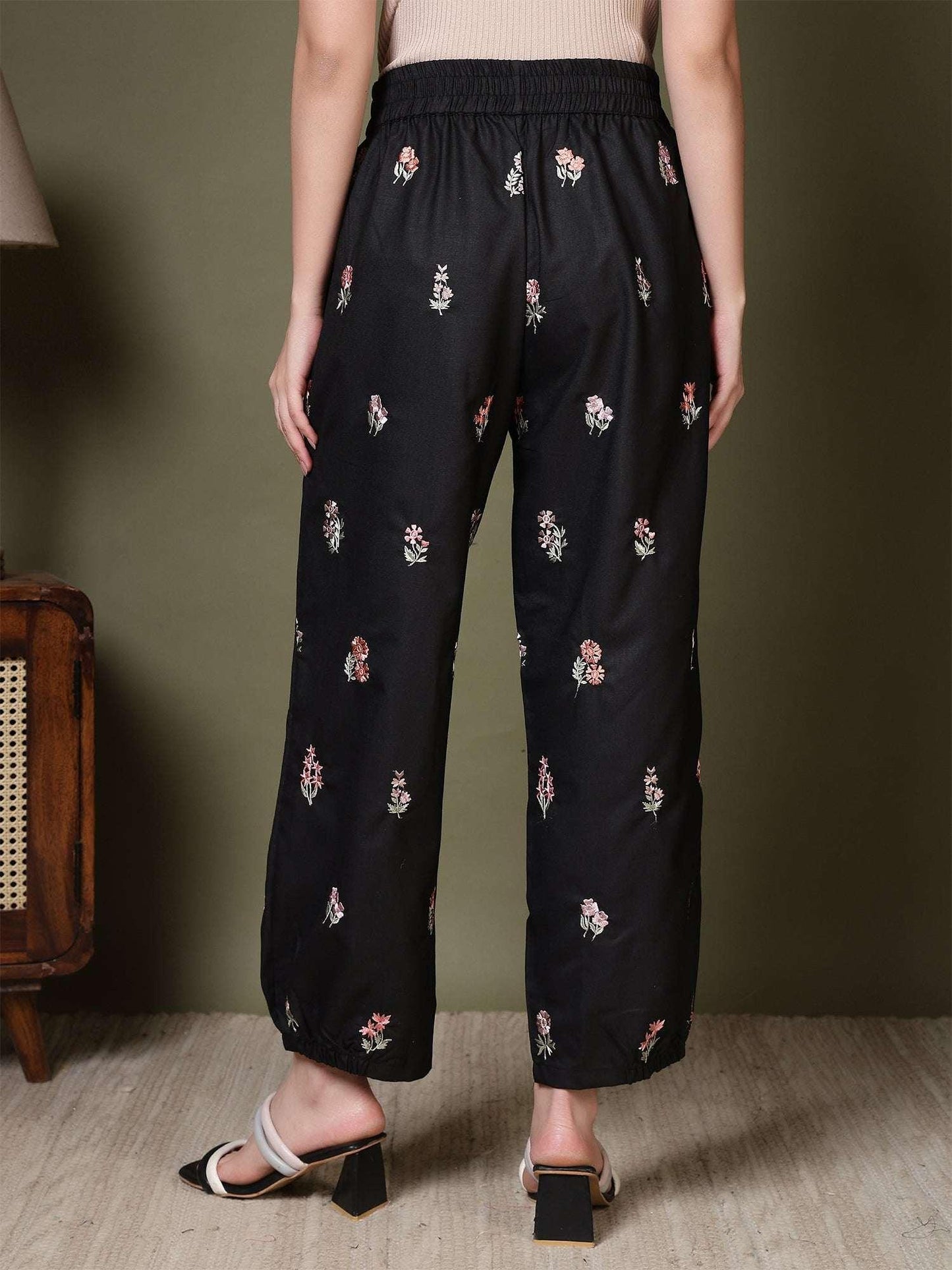 Women’s Embroidered Relaxed Fit Elasticated Waist Casual Trouser - Fithub Fashion