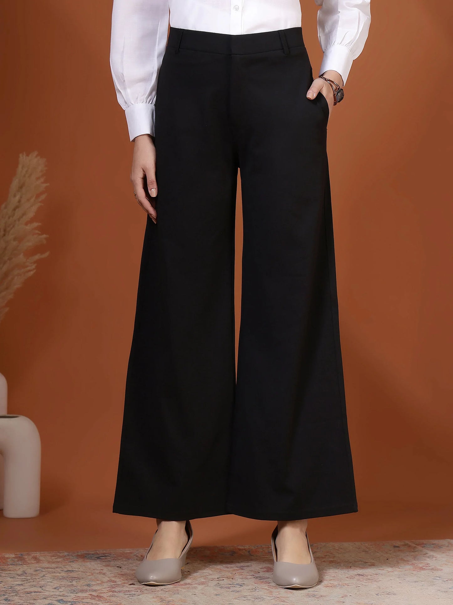 Women Solid High-Rise Formal Trousers - Fithub Fashion