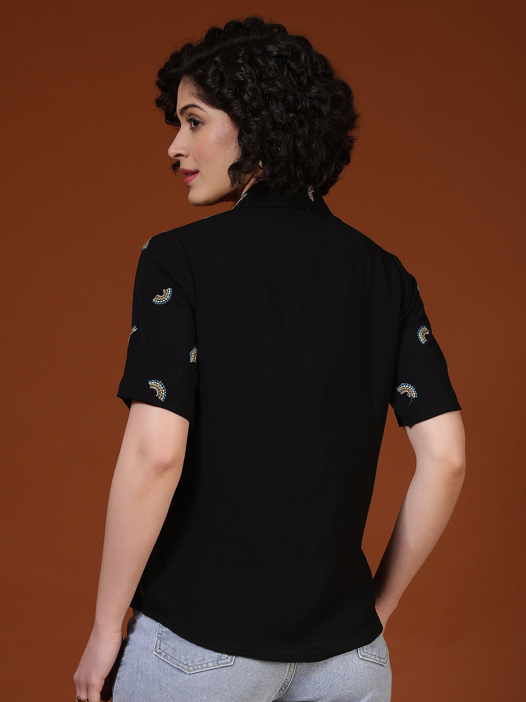 Women’s embroidered casual shirt by Fithub Fashion, regular fit with intricate embroidery, displayed on a hanger.