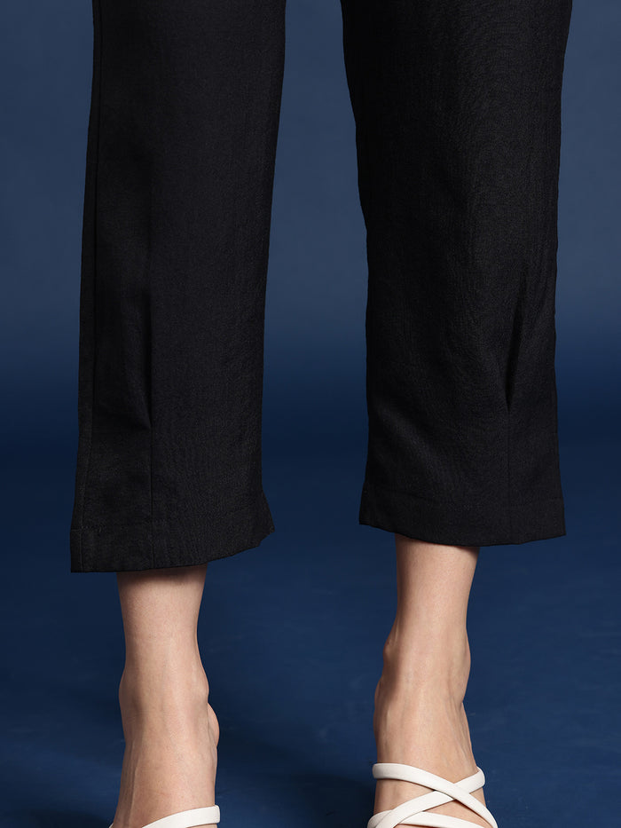 Women’s straight fit trousers with elasticated back waist by Fithub Fashion, featuring a sleek, tailored design and classic style.