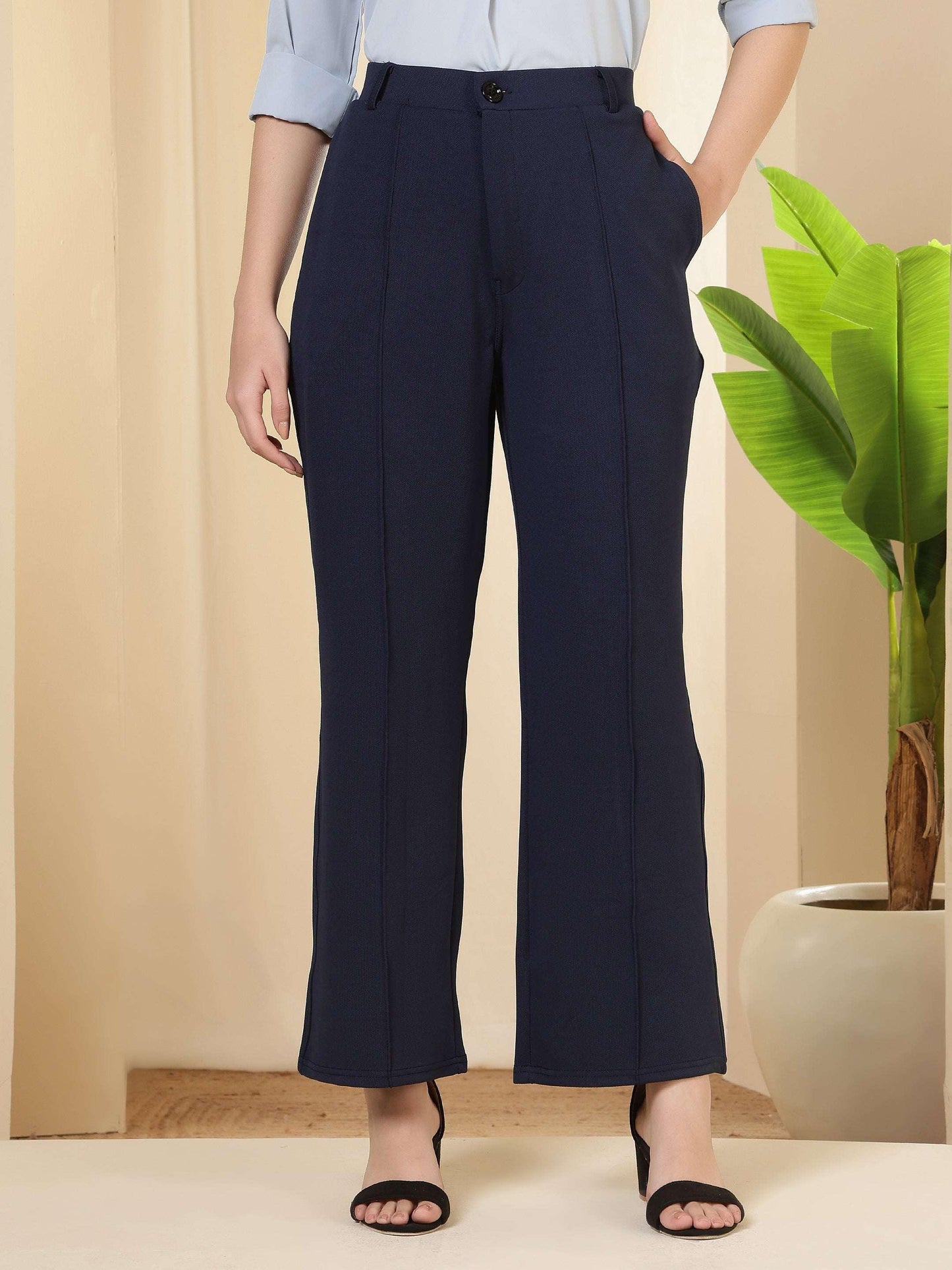 Women High-Waist Wide-Leg Solid Polycotton Trousers - Fithub Fashion