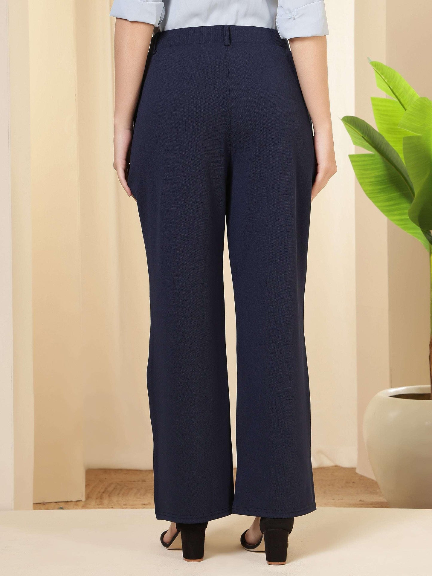 Women High-Waist Wide-Leg Solid Polycotton Trousers - Fithub Fashion