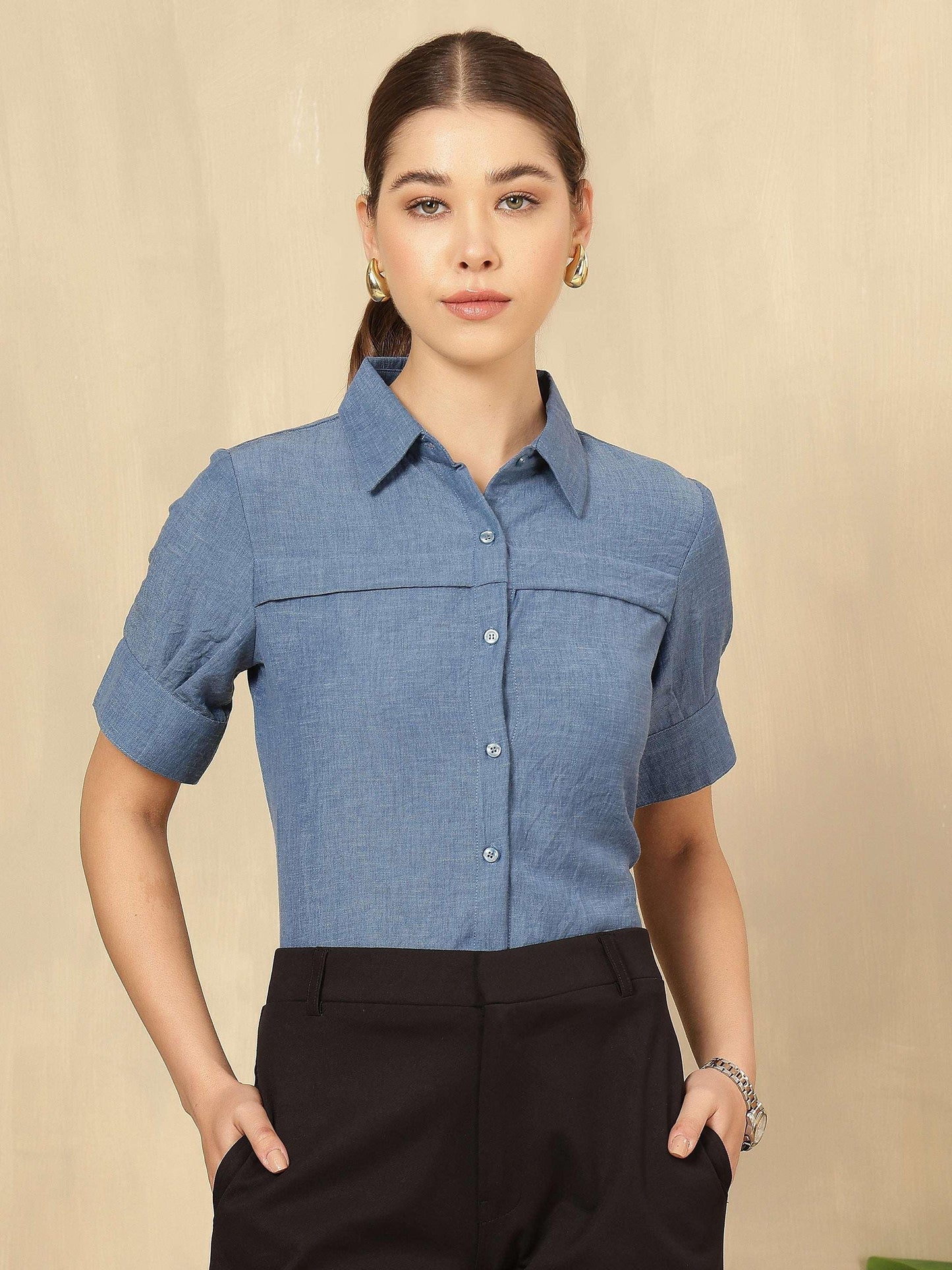 Women Solid formal Shirt with Short Sleeves - Fithub Fashion