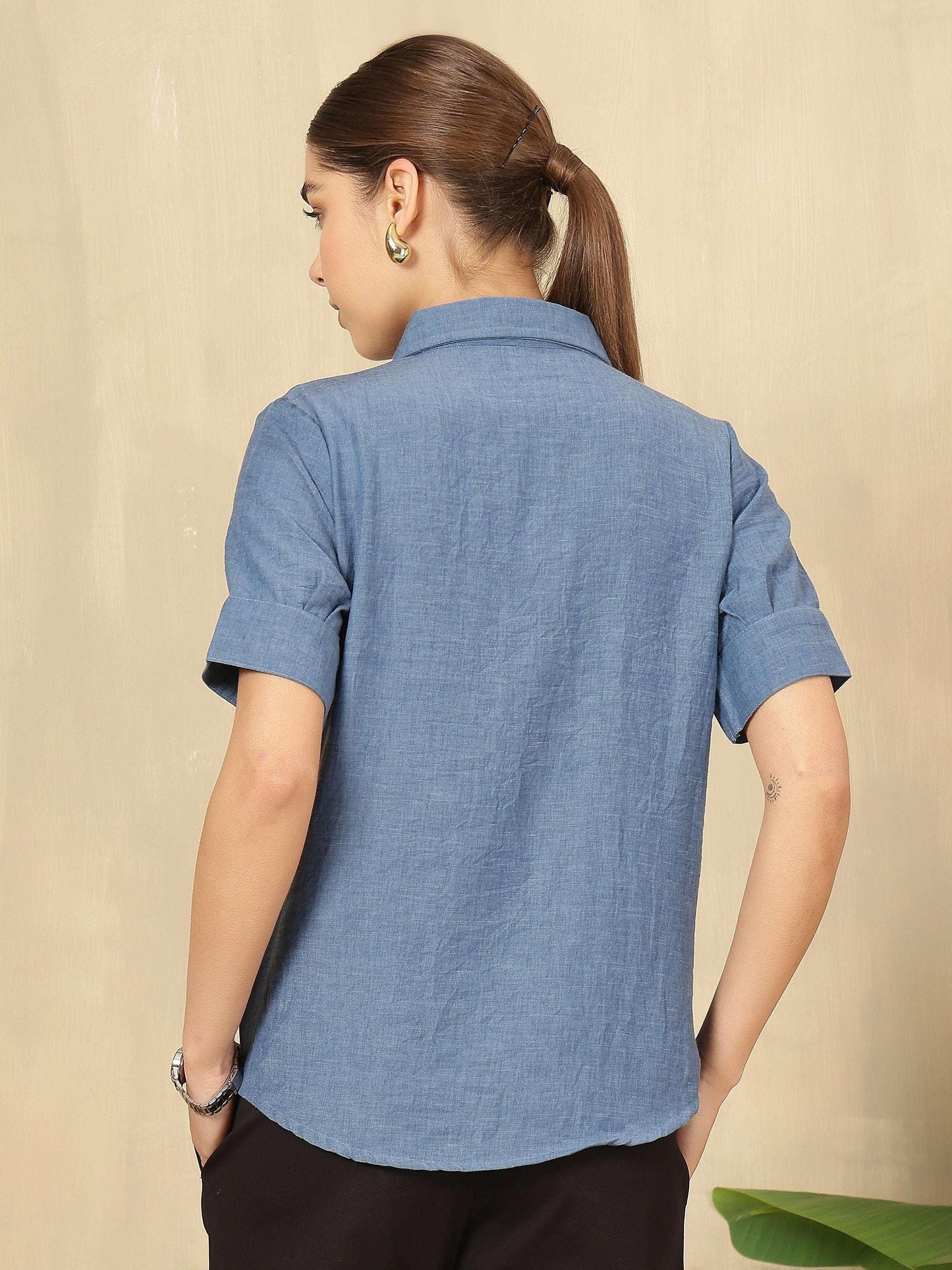 Women Solid formal Shirt with Short Sleeves - Fithub Fashion