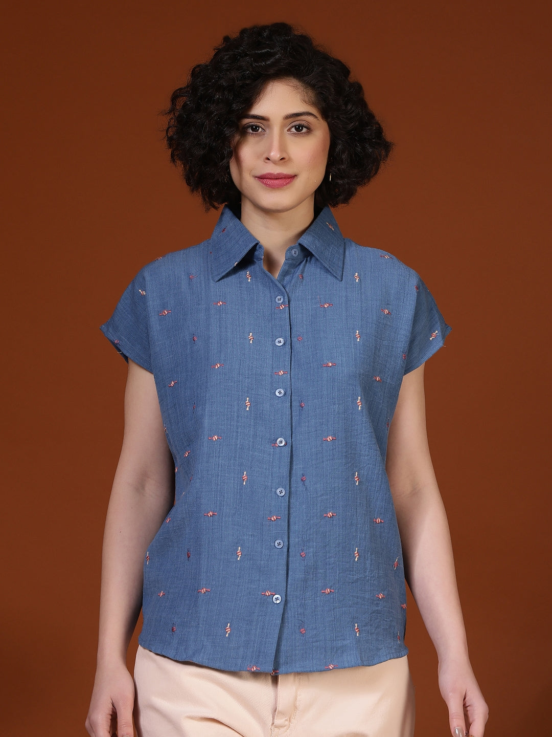 Women’s embroidered oversized casual shirt by Fithub Fashion, showing intricate embroidery and relaxed fit on soft fabric.