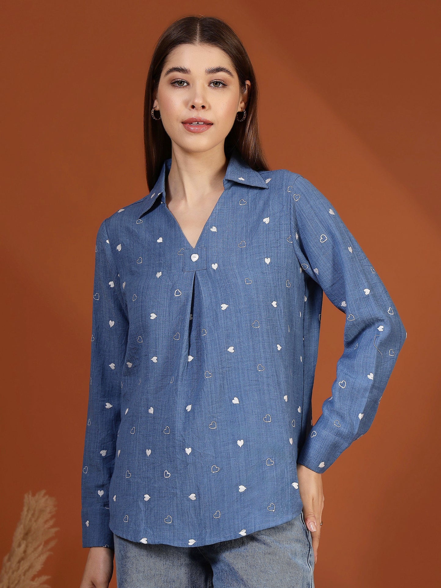 Women’s casual embroidered shirt collar top by Fithub Fashion featuring a heart design on a stylish, comfortable blouse.