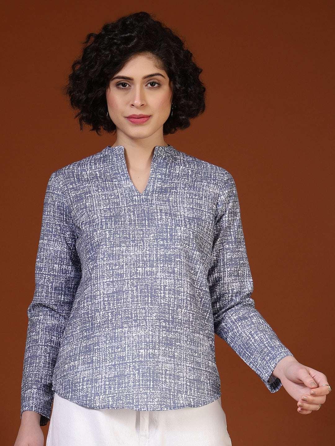 Women Textured Band Collar Straight Fit Top - Fithub Fashion