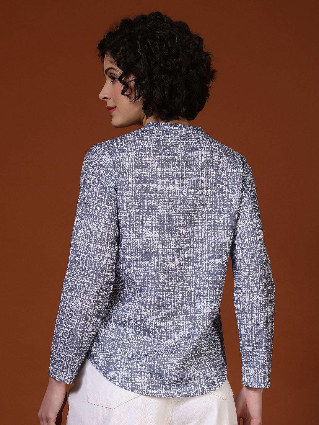 Women Textured Band Collar Straight Fit Top - Fithub Fashion