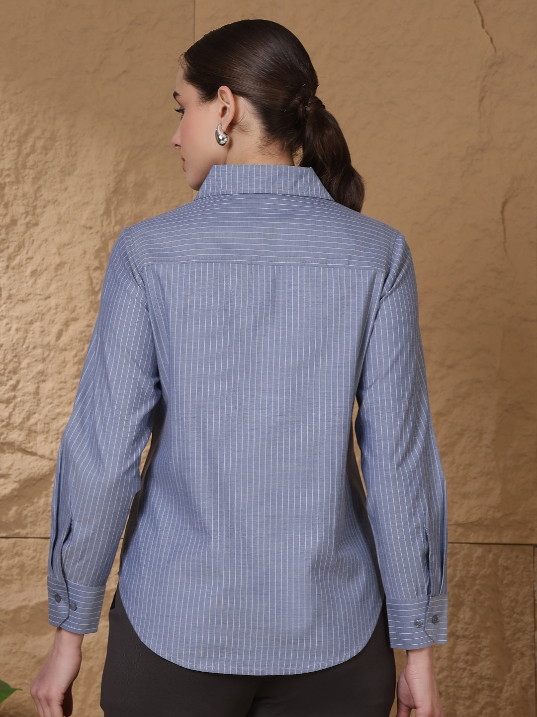 Women’s classic striped formal shirt by Fithub Fashion, featuring a button-down design and long sleeves on a model.