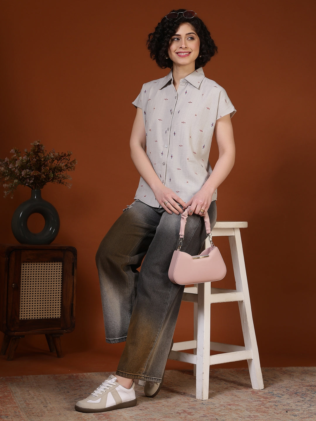 Women’s embroidered oversized casual shirt by Fithub Fashion featuring floral embroidery and relaxed fit, displayed on a hanger.