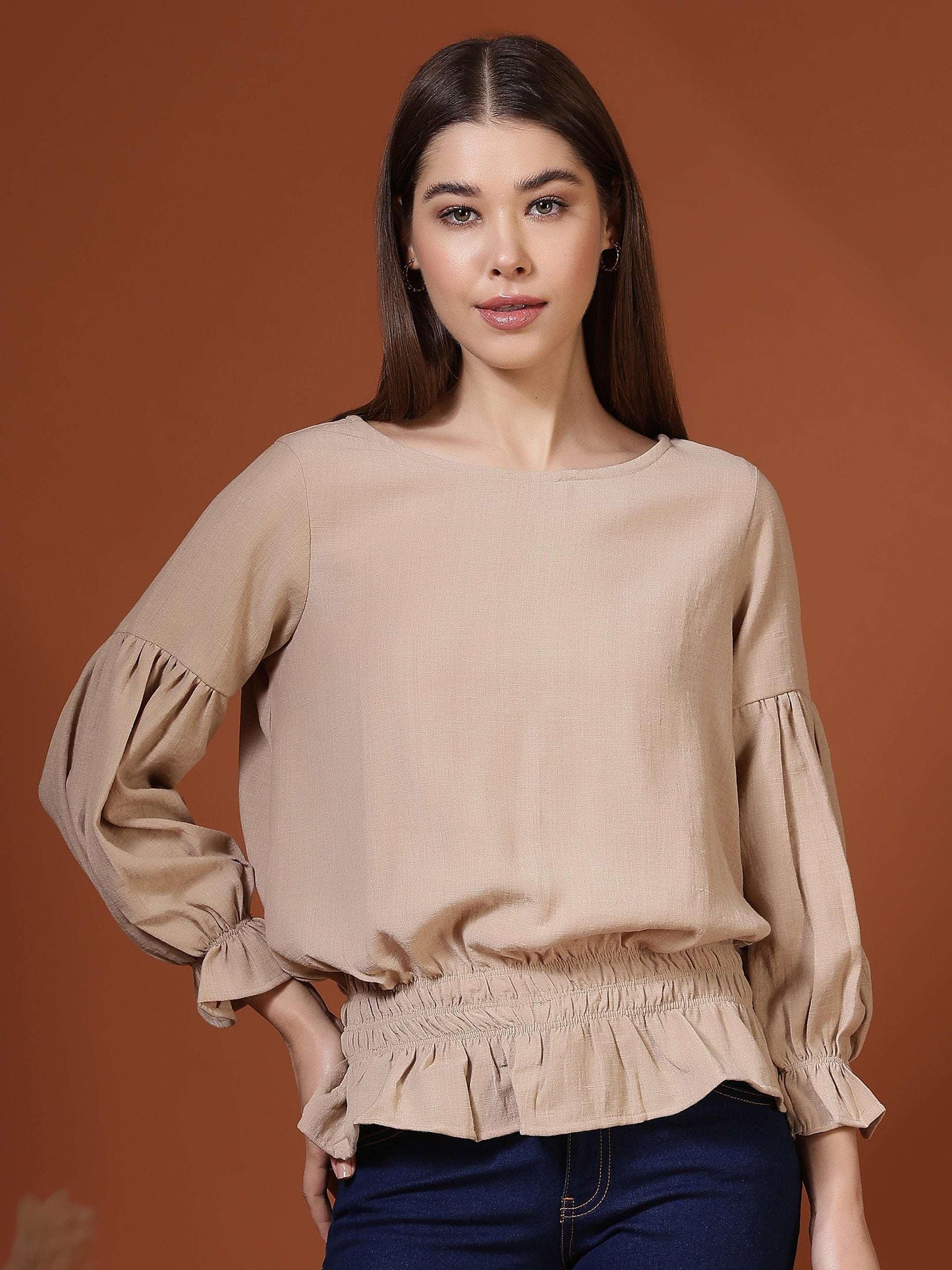 Women Smocked Waist Puff Sleeve Top - Fithub Fashion