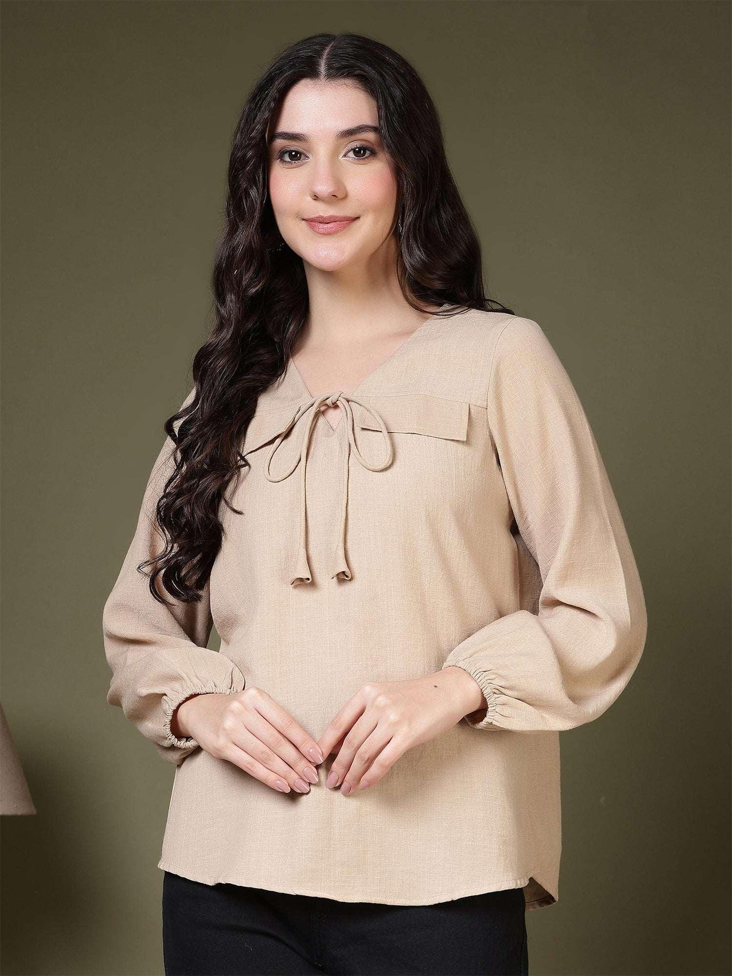 Women Tie-Neck Long Sleeve Casual Top for Office & Daily Wear - Fithub Fashion