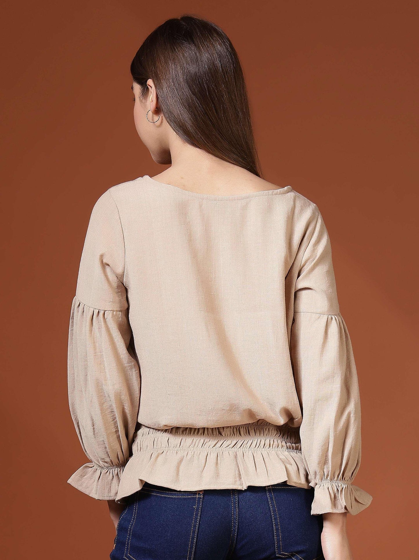 Women Smocked Waist Puff Sleeve Top - Fithub Fashion