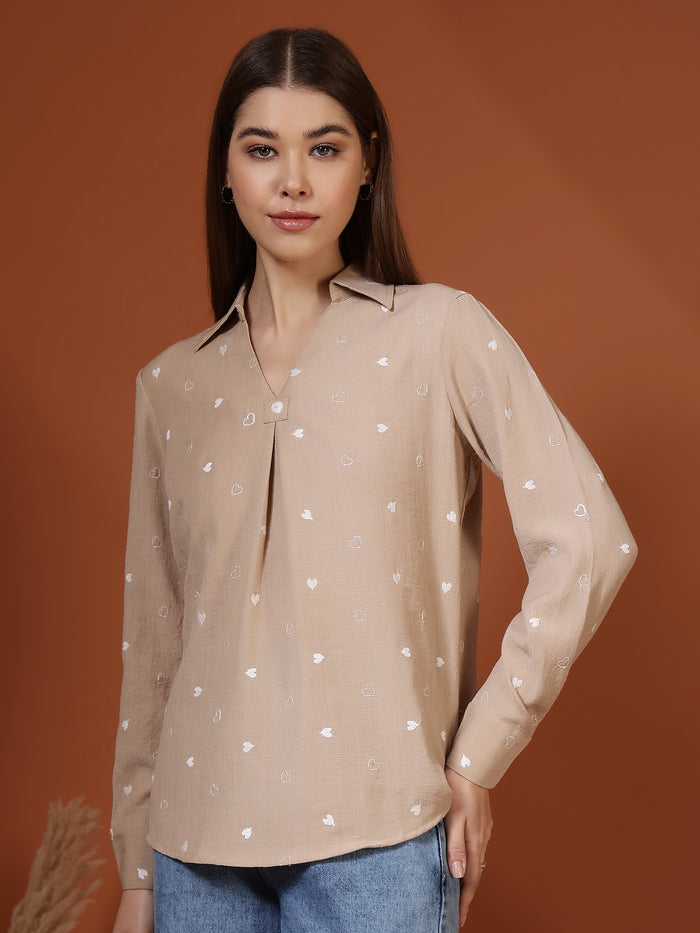 Women’s casual shirt top by Fithub Fashion featuring heart embroidery on collar, with a relaxed fit and stylish design.