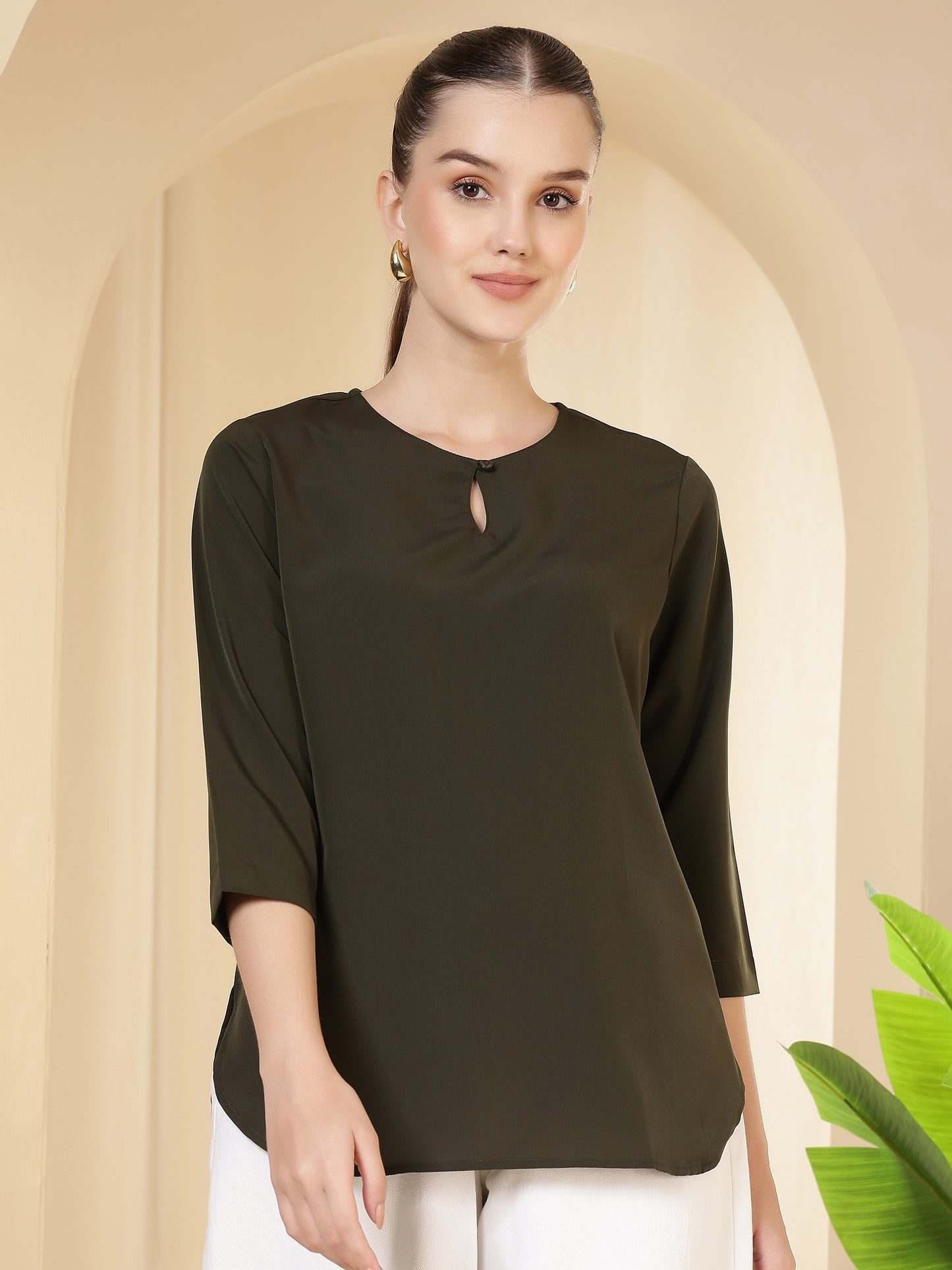 Women Solid Round Neck Keyhole Office Wear Top - Fithub Fashion