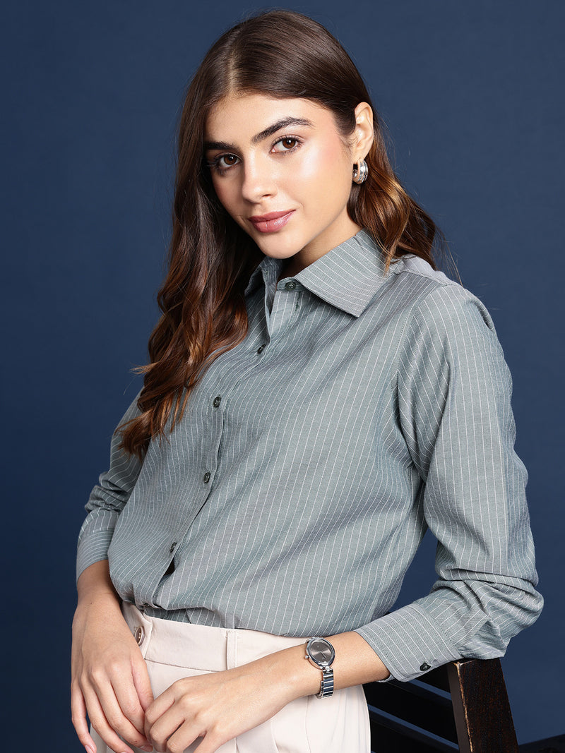 Women’s classic striped formal shirt by Fithub Fashion, featuring a button-down front and long sleeves, styled on a mannequin.