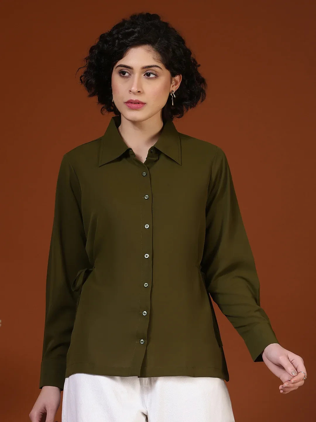 Women Formal Tailored Button-Down Shirt with Side Tie Detail - Fithub Fashion