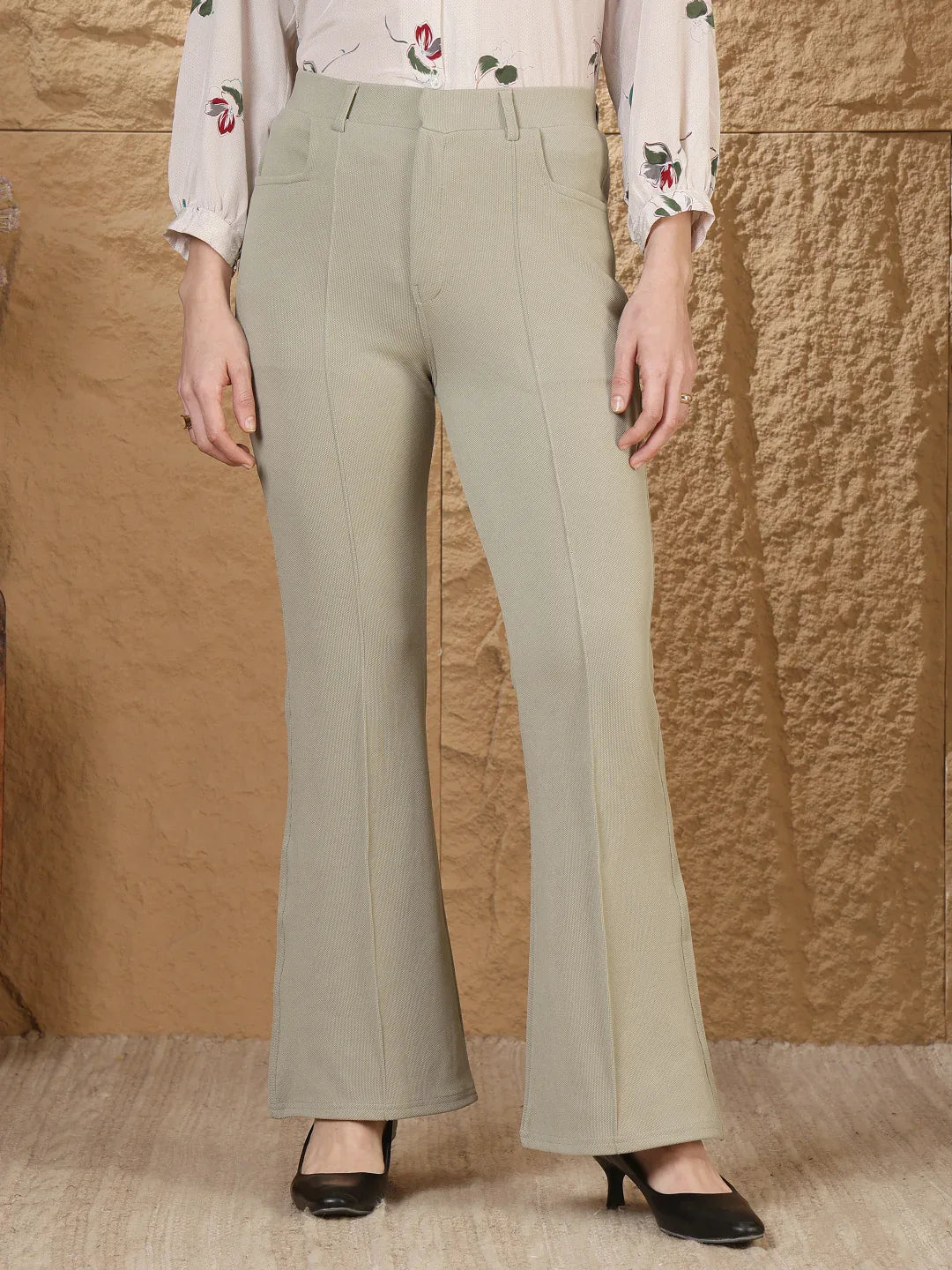 Women High-Rise Flared Formal Office Trousers with Pockets - Fithub Fashion