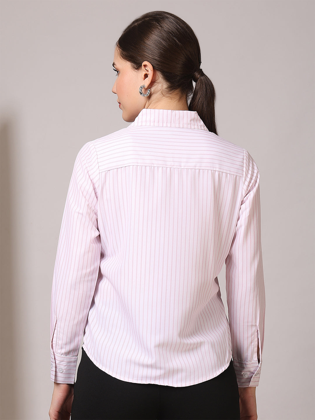 Women’s vertical striped shirt with front embroidery by Fithub Fashion, featuring long sleeves and a classic collar.