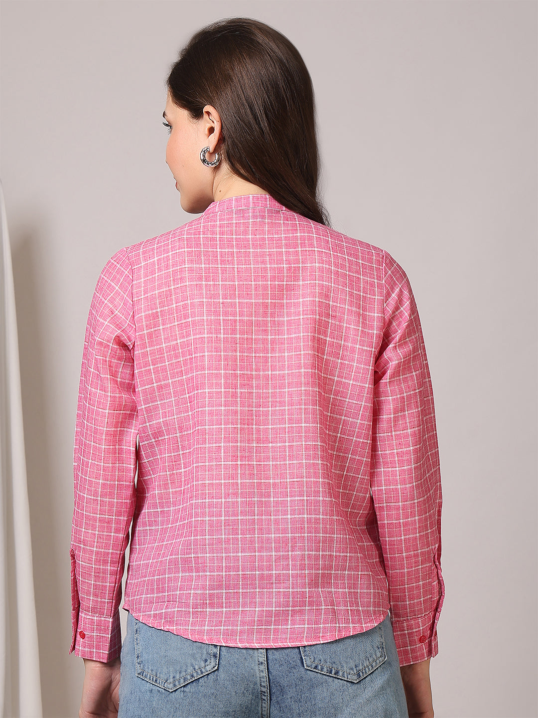 Women’s Linen Checked Mandarin Collar Gathered Top - Fithub Fashion