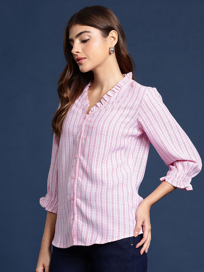 Women’s striped ruffle neck button-down shirt by Fithub Fashion, featuring a stylish collar and classic button details.