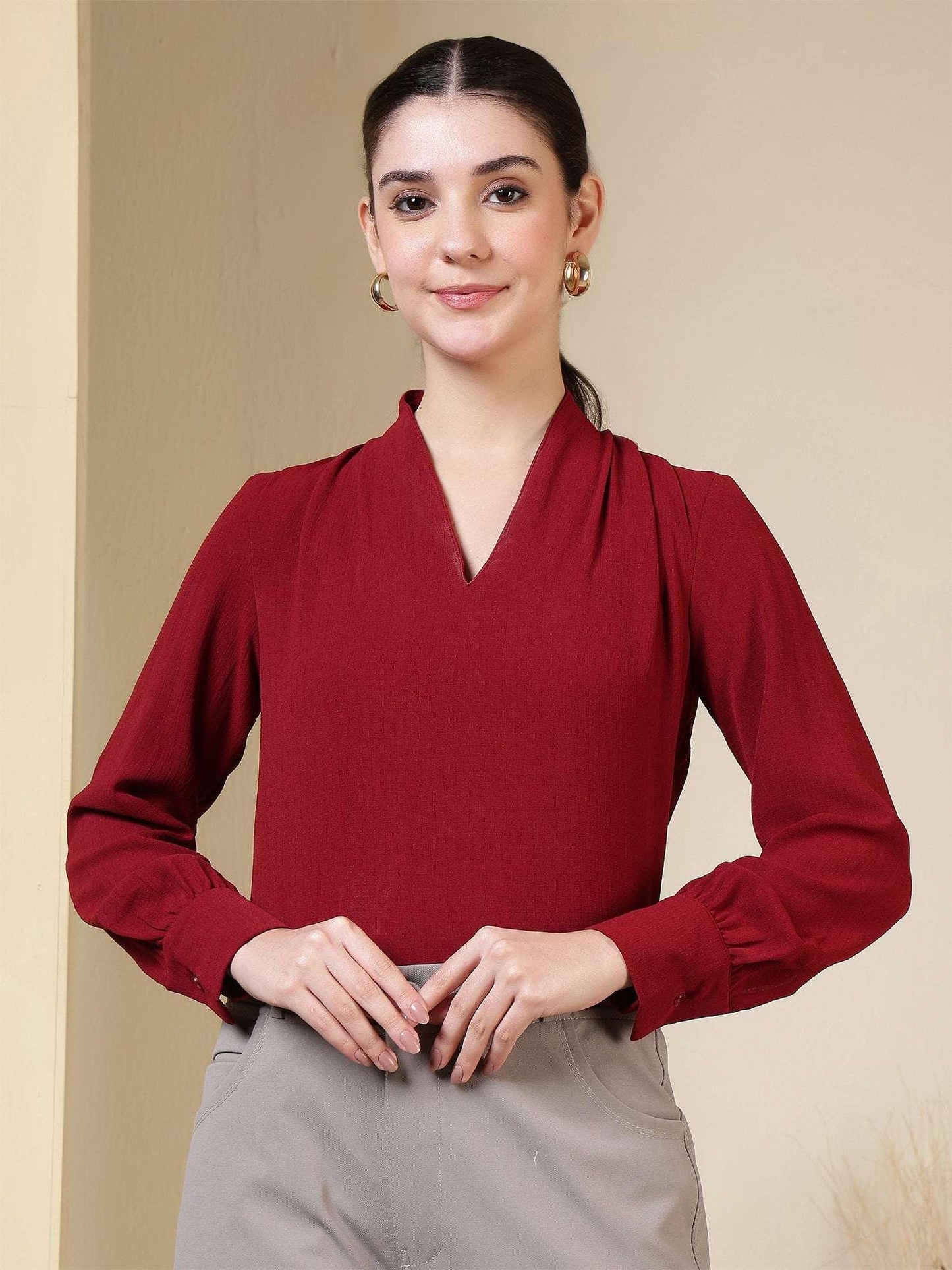 Women's V-Neck Long Sleeve Elegant Solid Top - Fithub Fashion