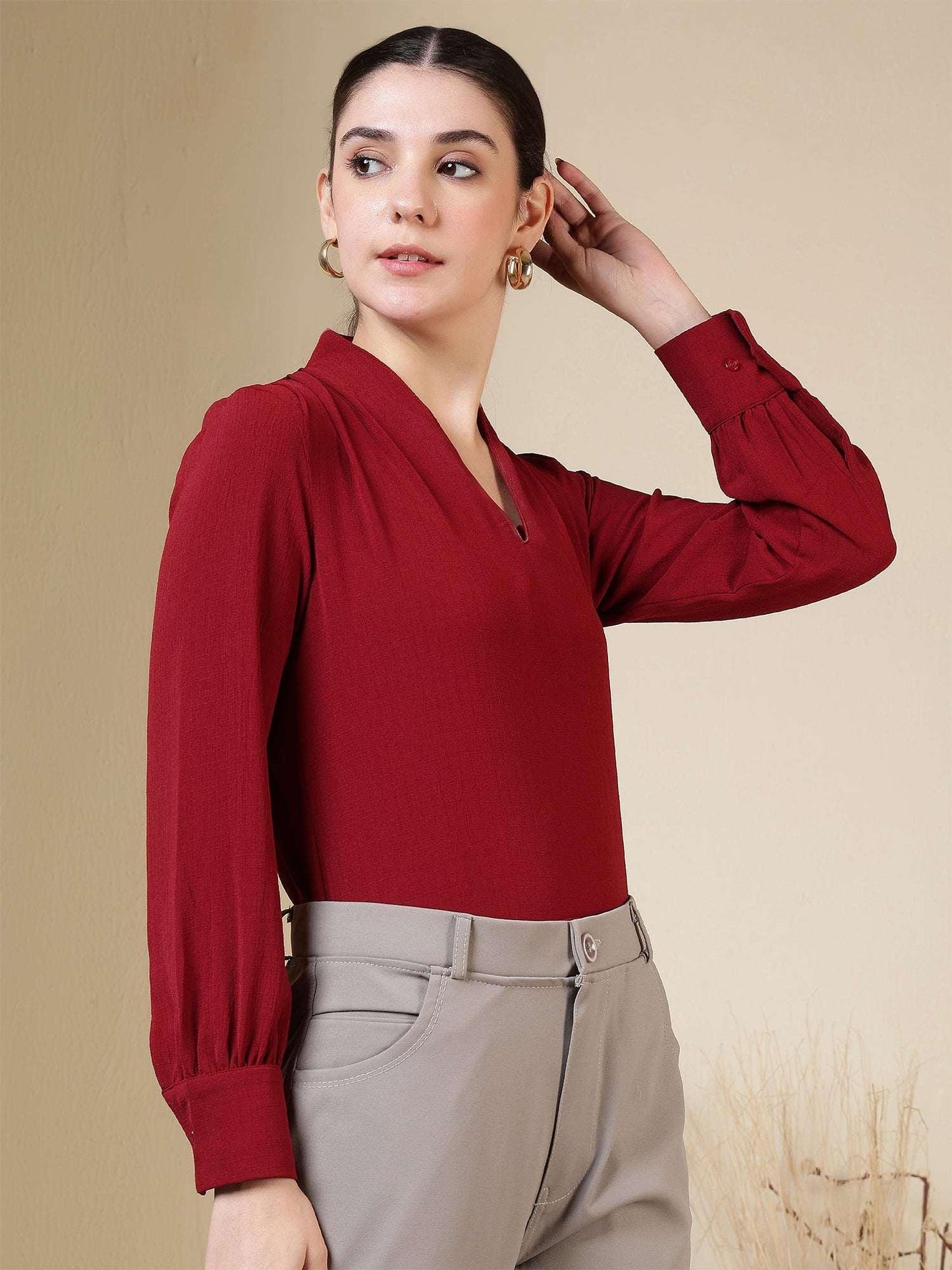 Women's V-Neck Long Sleeve Elegant Solid Top - Fithub Fashion