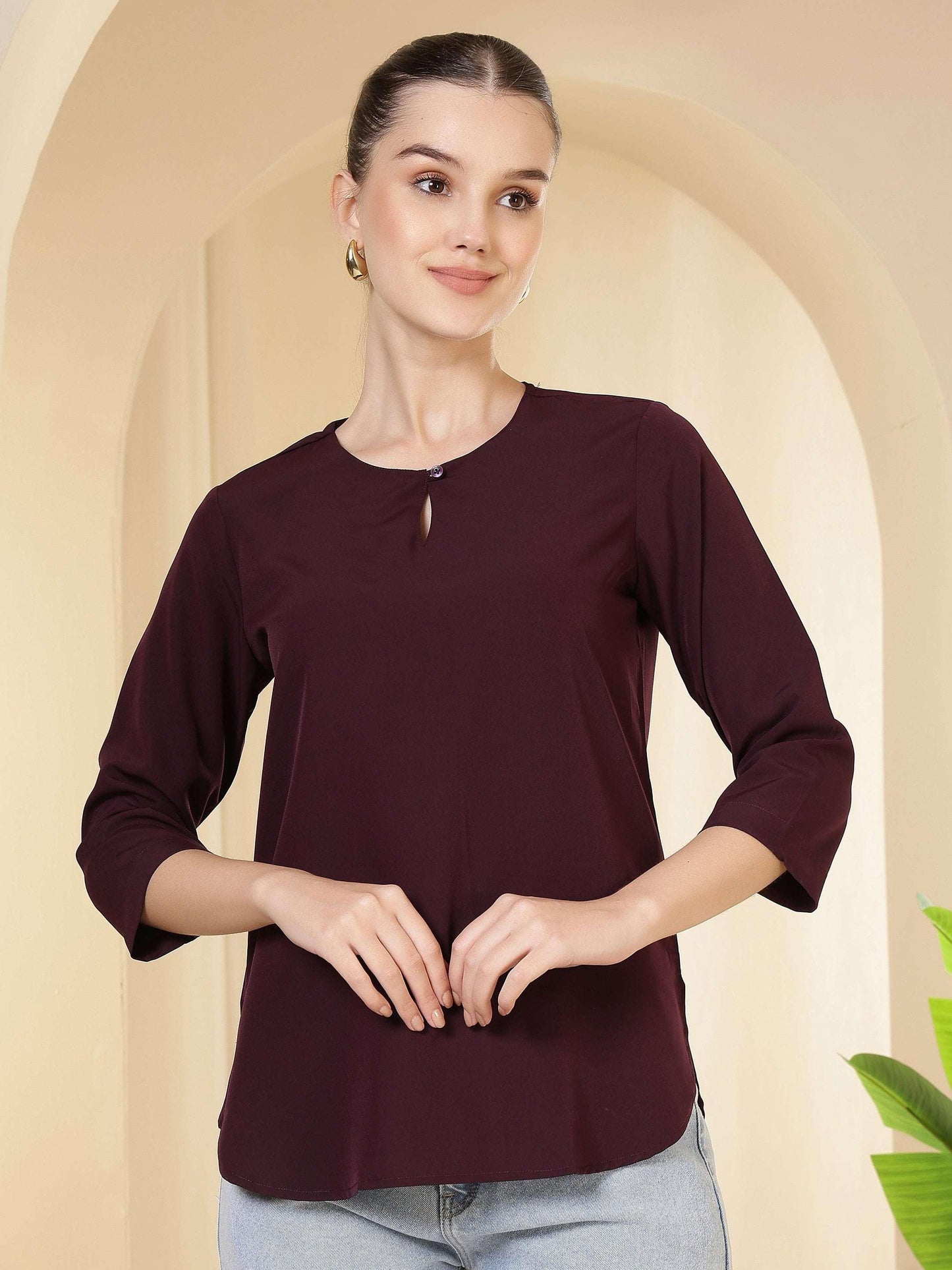 Women’s Solid Keyhole Neck with 3/4 Sleeves | Lightweight Casual & Office Wear Top - Fithub Fashion