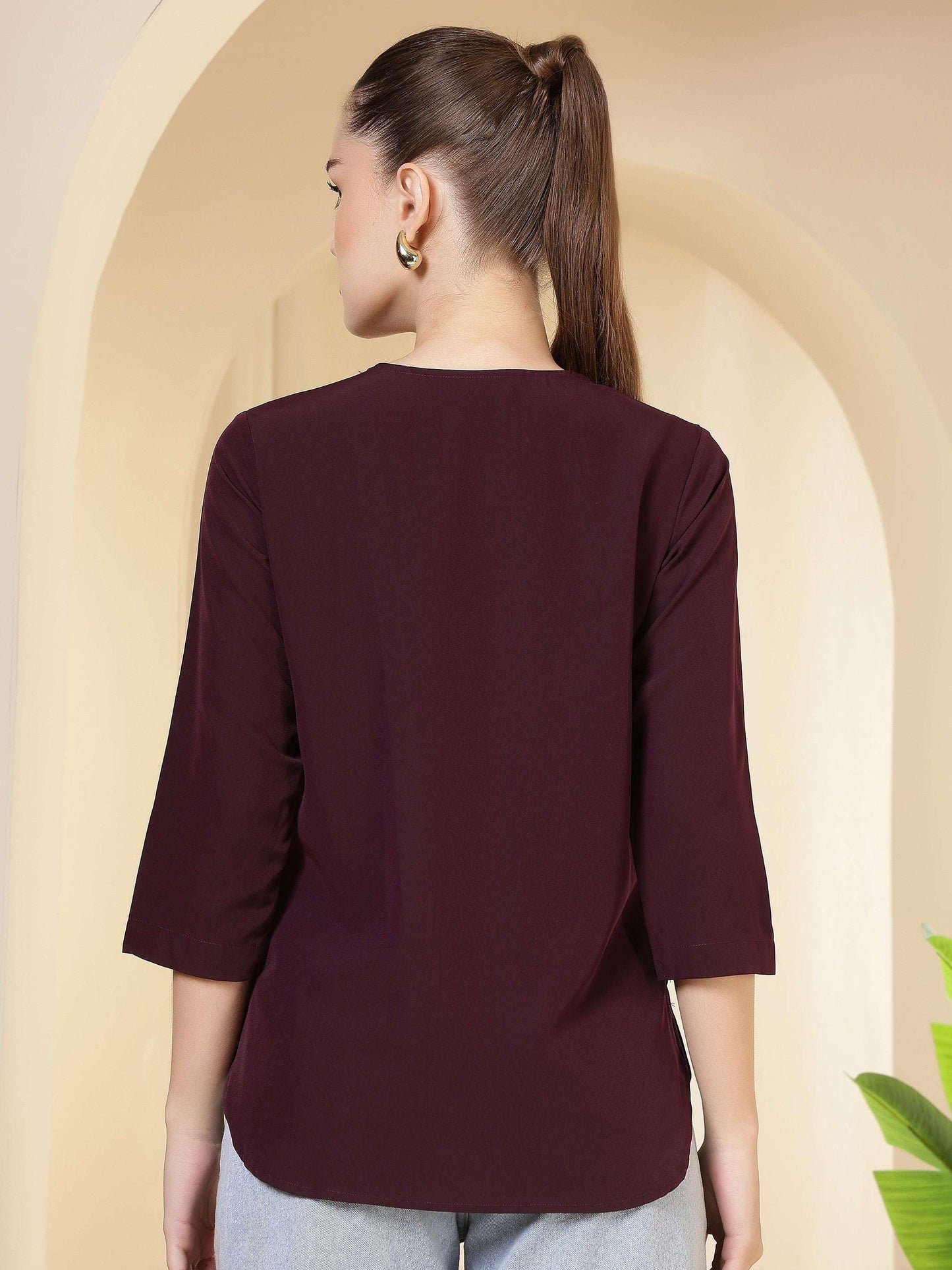 Women’s Solid Keyhole Neck with 3/4 Sleeves | Lightweight Casual & Office Wear Top - Fithub Fashion