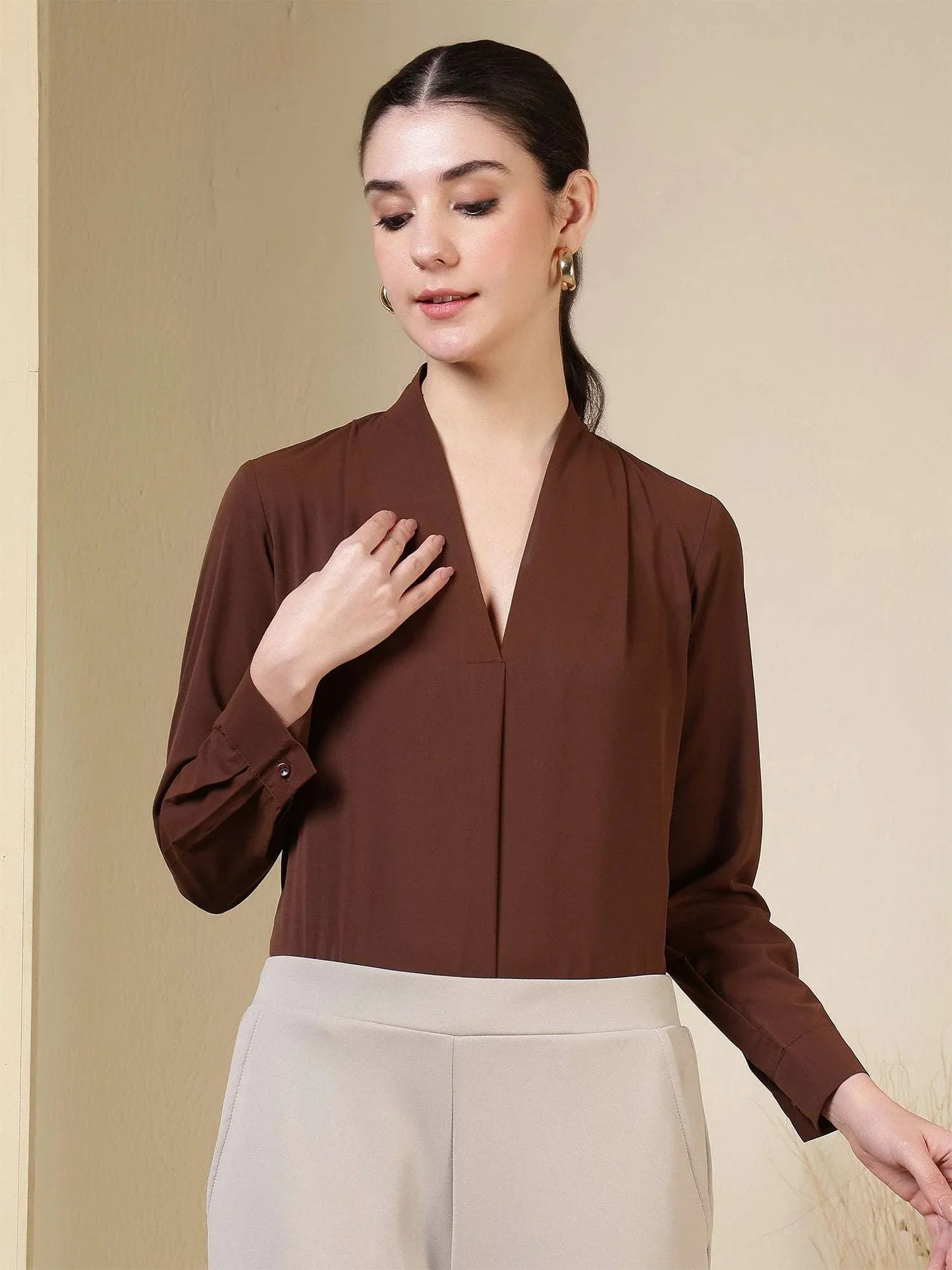 Women’s V-Neck Pleated Long Sleeve Elegant Office Wear & Everyday Casual Top - Fithub Fashion