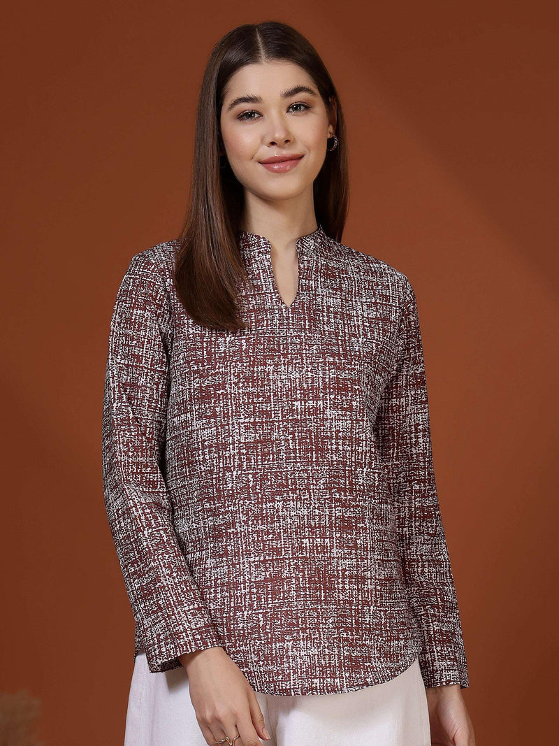 Women Textured Band Collar Straight Fit Top - Fithub Fashion