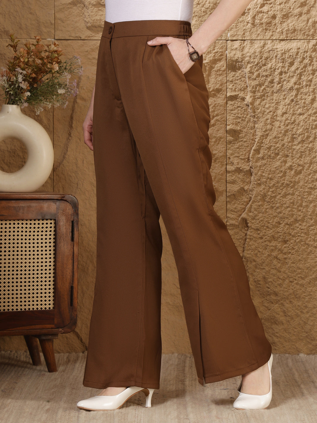 Women wearing high-rise straight fit formal trousers by Fithub Fashion, showcasing tailored design and classic fit.