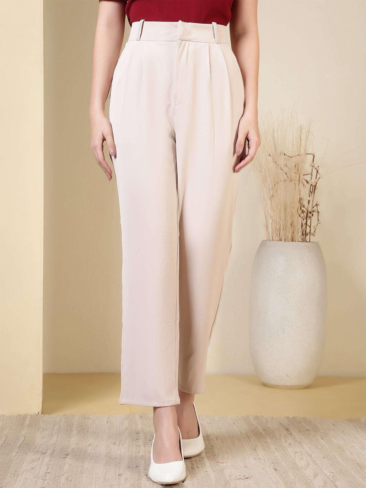 Women’s High-Rise Straight Fit Solid Trousers with Pleated Front - Fithub Fashion