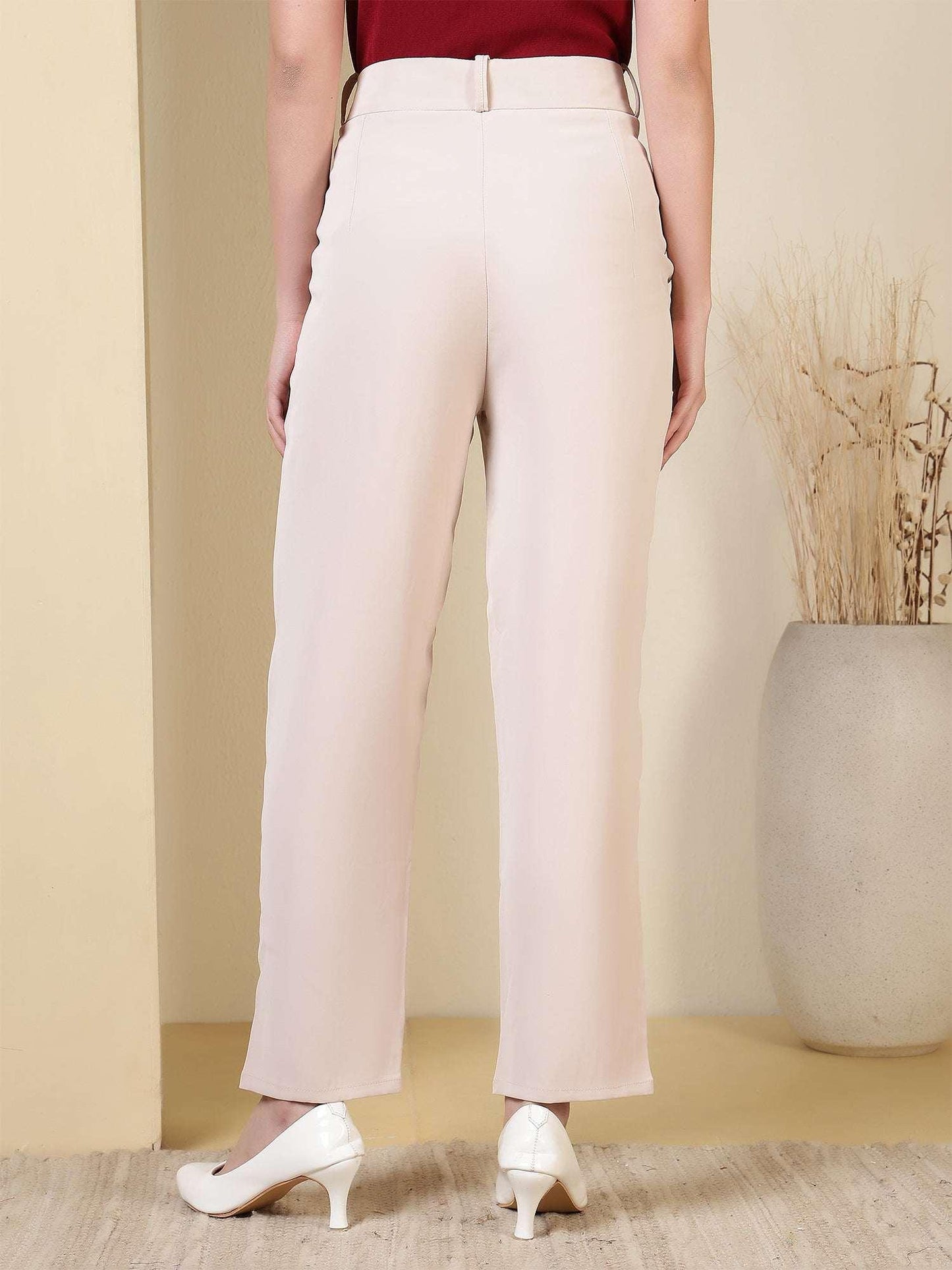 Women’s High-Rise Straight Fit Solid Trousers with Pleated Front - Fithub Fashion