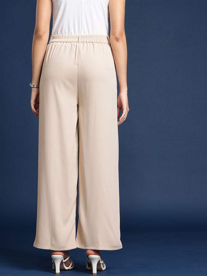 Women’s high-rise wide leg formal trousers by Fithub Fashion, displayed on a hanger in neutral fabric with a tailored fit.