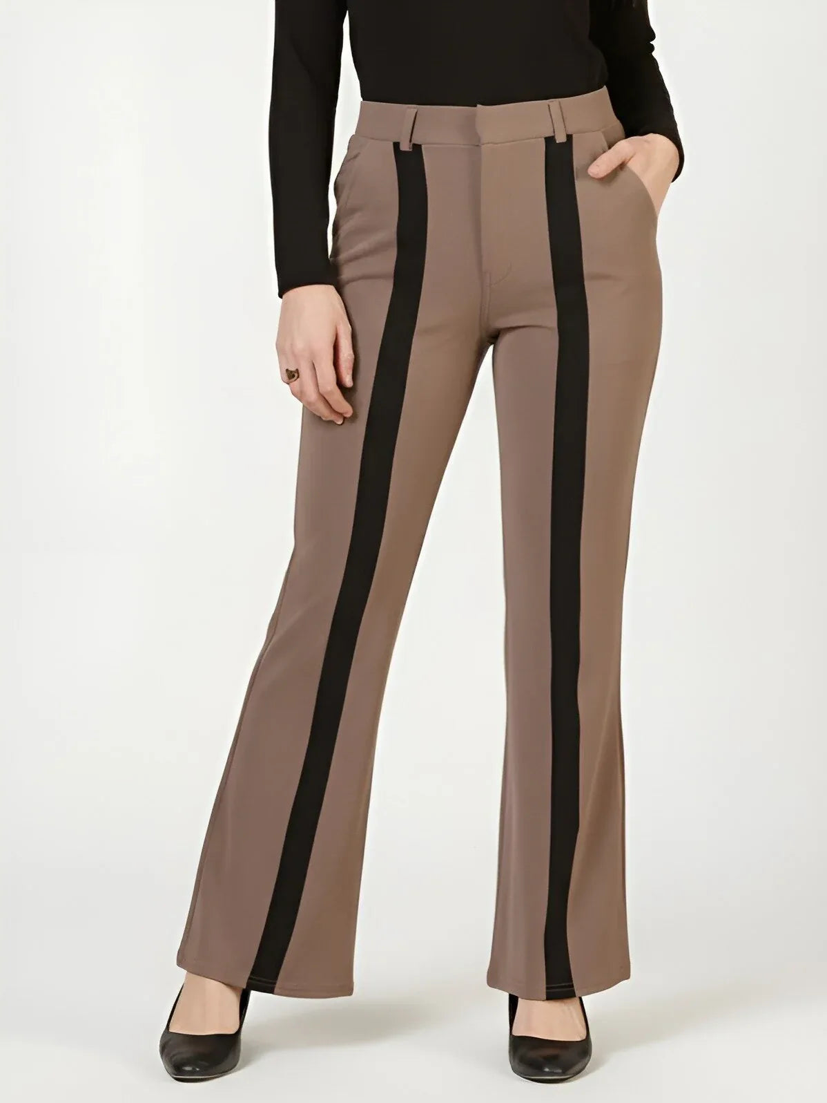 Women High-Rise Vertical Panel Flared Trousers - Fithub Fashion