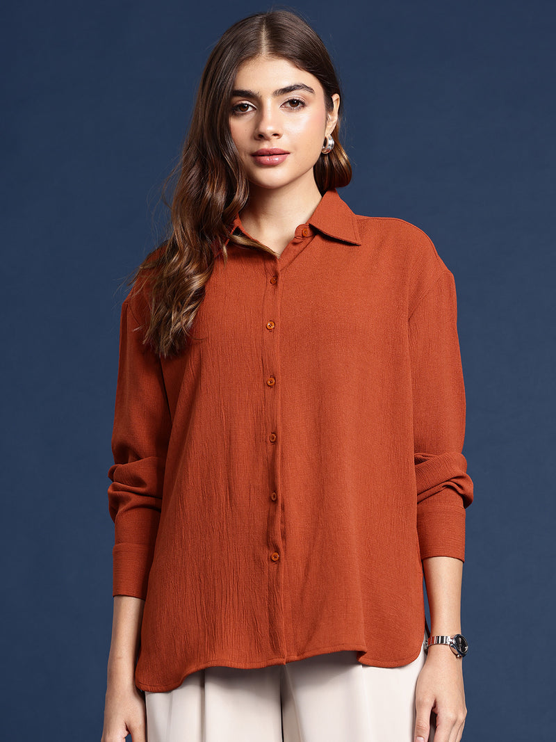 Fithub Fashion women's solid spread collar button-down shirt displayed flat, showcasing classic style and front button closure.