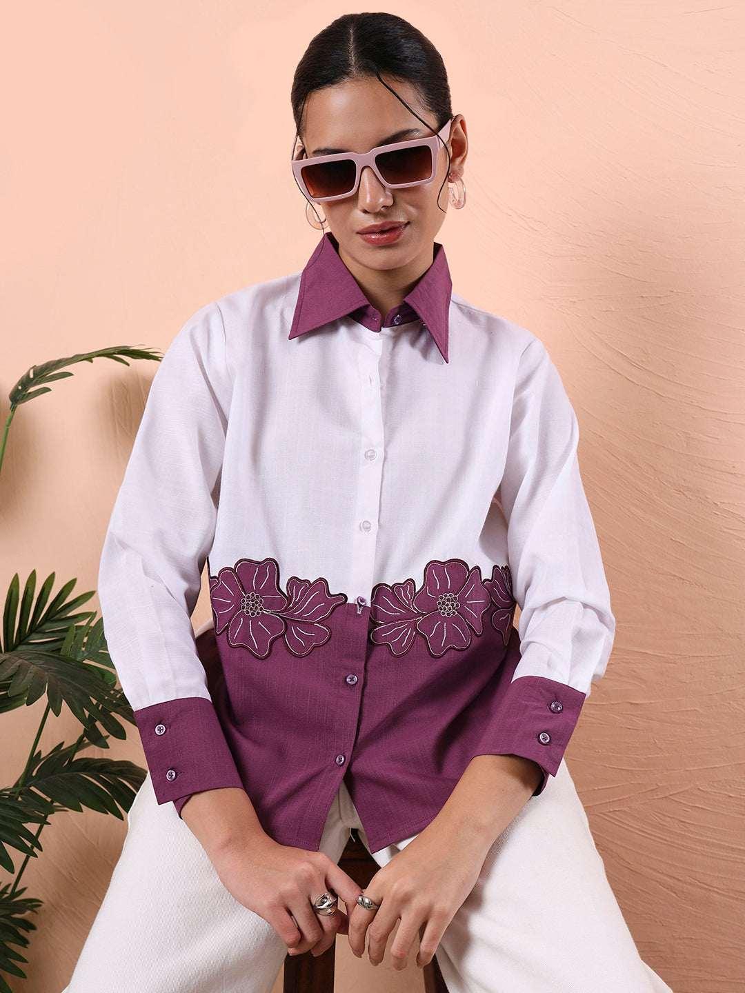 Women Colourblocked Floral Embroidered Casual Shirt - Fithub Fashion