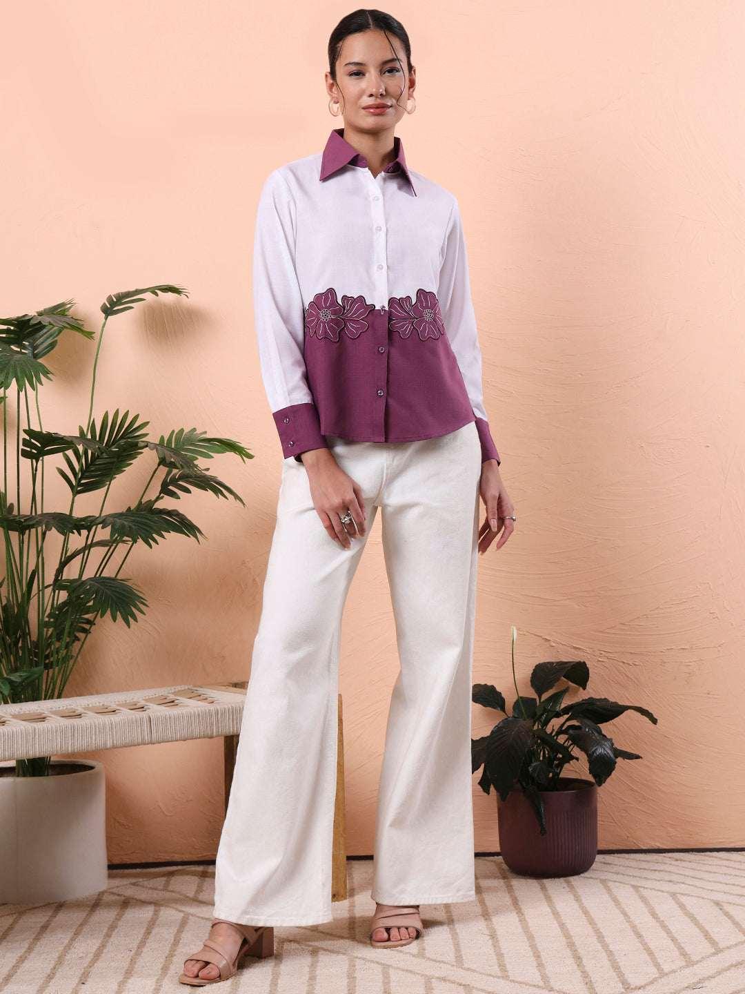 Women Colourblocked Floral Embroidered Casual Shirt - Fithub Fashion