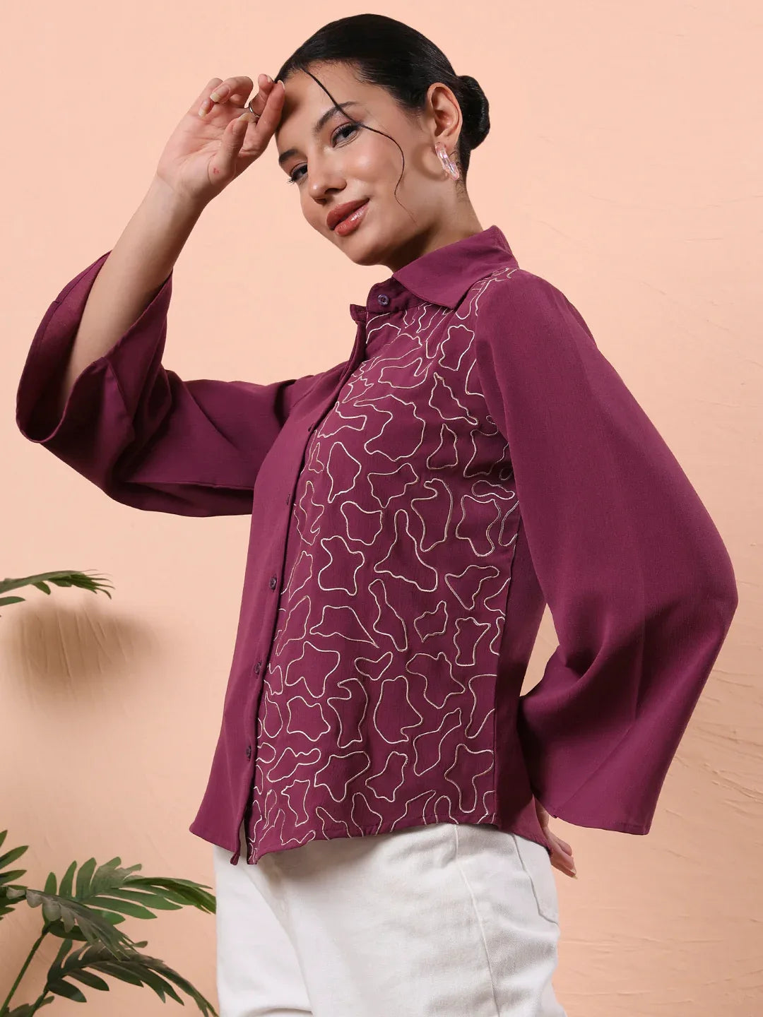 Women’s Abstract Embroidered Collared Shirt - Fithub Fashion