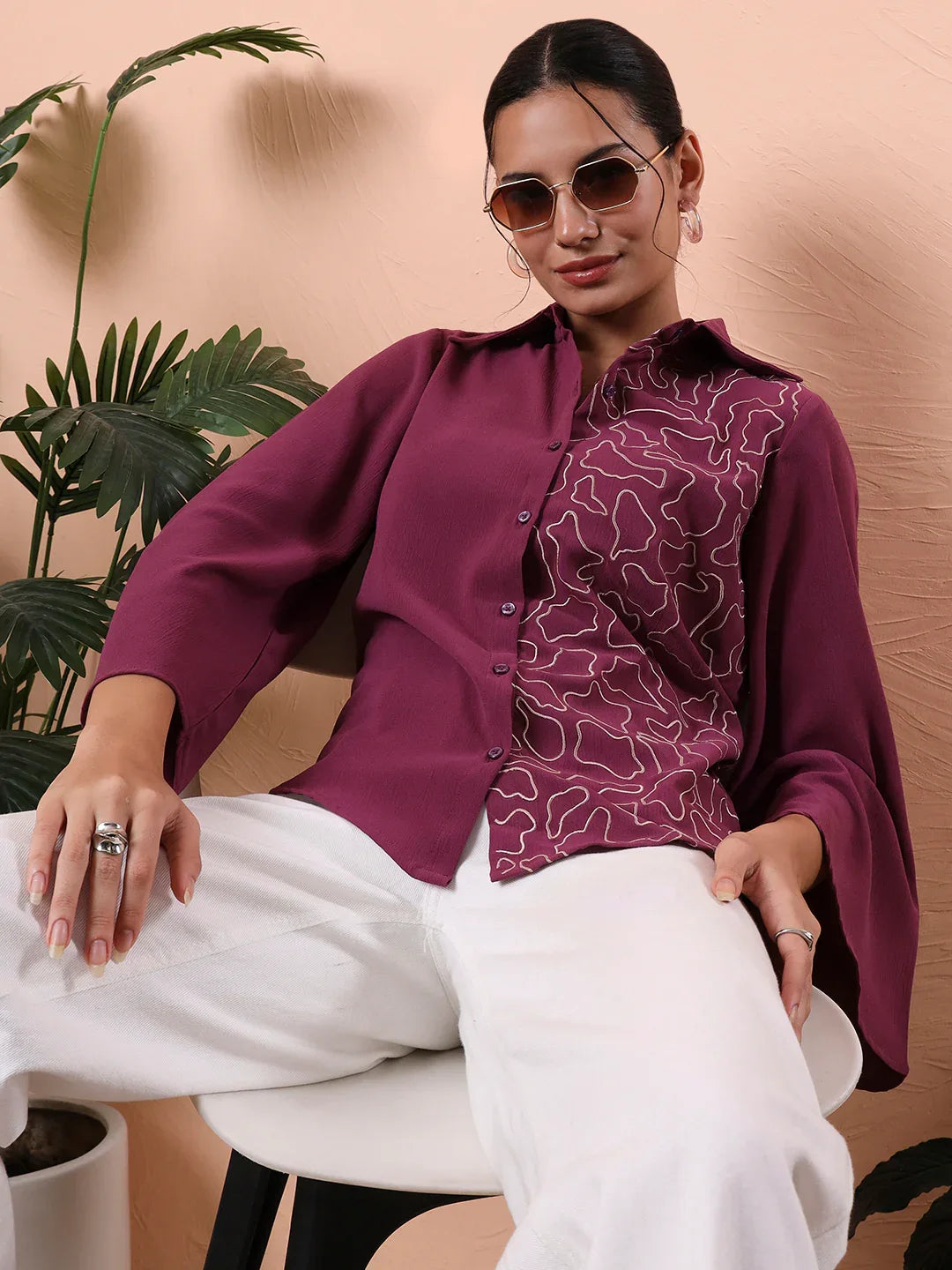 Women’s Abstract Embroidered Collared Shirt - Fithub Fashion