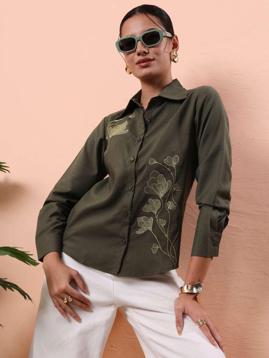 Women's Olive Green Solid Embroidered Cotton Shirt with Floral Detailing - Fithub Fashion