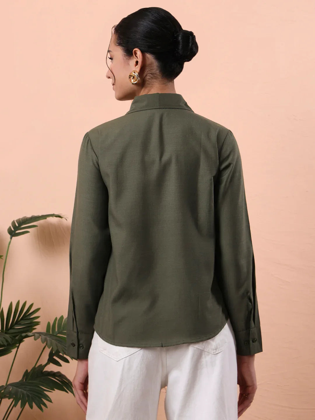 Women's Olive Green Solid Embroidered Cotton Shirt with Floral Detailing - Fithub Fashion