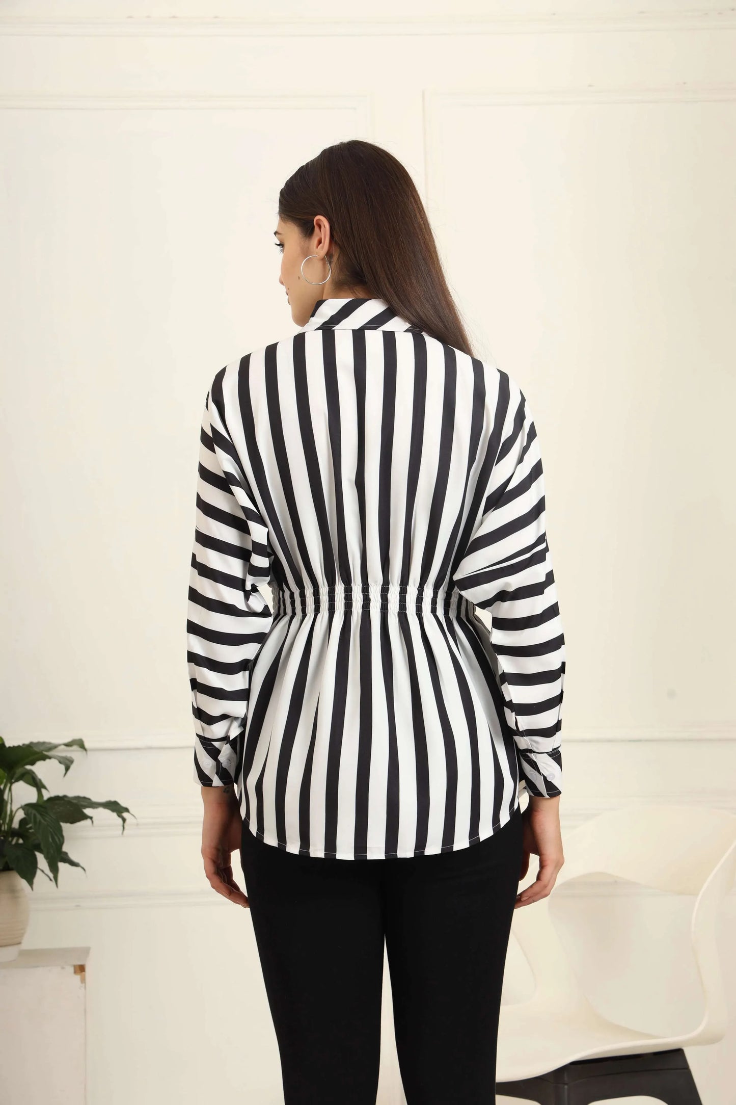 Women Vertical Striped Waist Cinched Shirt - Fithub Fashion