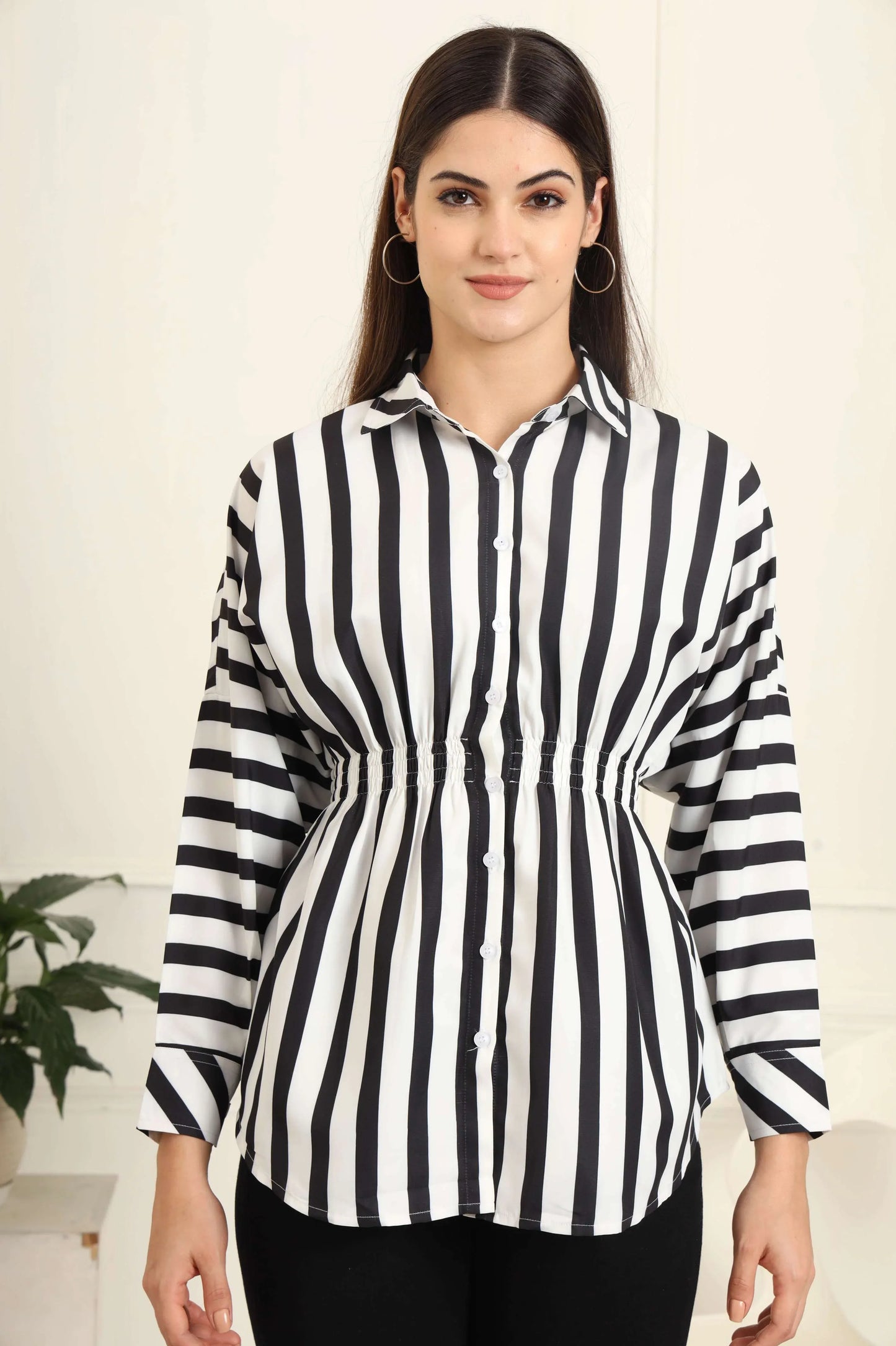 Women Vertical Striped Waist Cinched Shirt - Fithub Fashion